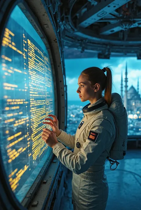 “Astronaut girl on a high-tech space station coding on a futuristic hologram screen. In the background, through a large window, a stunning view of the Earth and deep space and a large mosque are reflected. A modern, wearing a stylish space suit. Holographi...