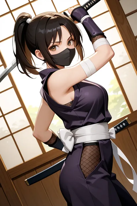 masterpiece, Top Quality,  feet ,  character focus , One person, side angle, upper body, cut, female ninja,  bandage that wraps around my arm,In a pose holding a sword, Dynamic Angle, focus on your face,  Ancient Kyoto