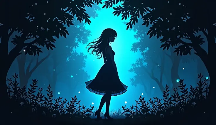 (Silhouette Art,Anime Beauty) (((paper craft,A world where only black exists:1.3)background、Fantastic light blue light
