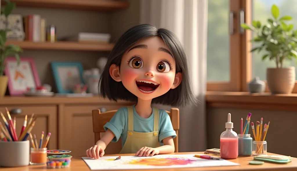 hair, excited expression, soft blue shirt, light yellow skirt, sitting at her small desk surrounded by painting supplies, room with simple furniture, cozy atmosphere, 3D Pixar Animation Style."