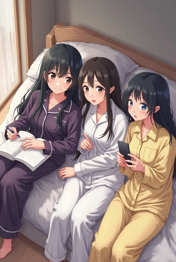 Three girls are in a bedroom with three attached beds and furniture. One is studying and wearing dark purple pajamas with long black hair. The second next to her has her phone and signs of surprise on her face and wears a white pajamas with a medium length...