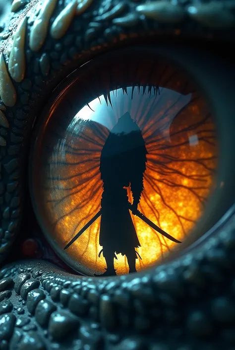 a swordman shadow reflection inside the dragon's eye captured with Nikon MX-1, macro lens, super detailed, retina-pupil detailed, dimmed light,vibrant, stunning digital art, fantasy art, UHD