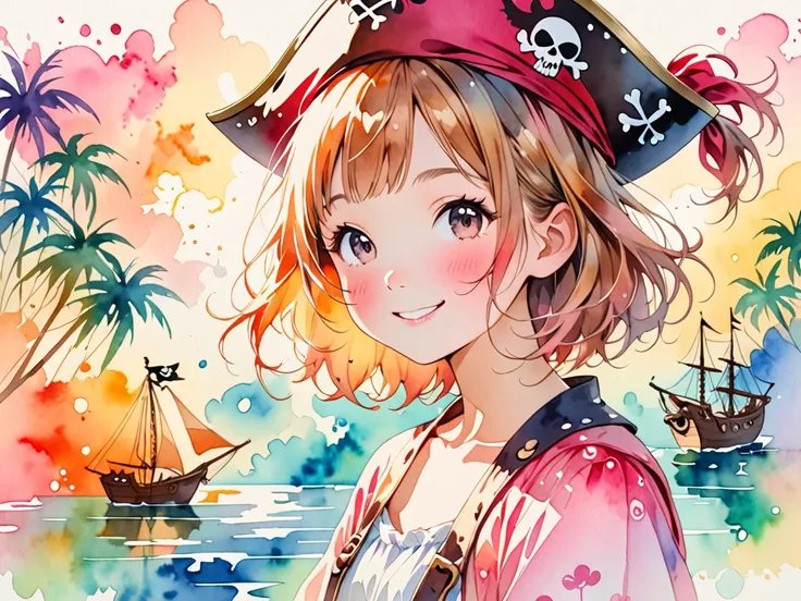  hyperrealism, Simple Line Acronym，Abstract art，Kitamura Nobuhiko style , Kawaii design , Pirate Girl, best smile,  watercolor