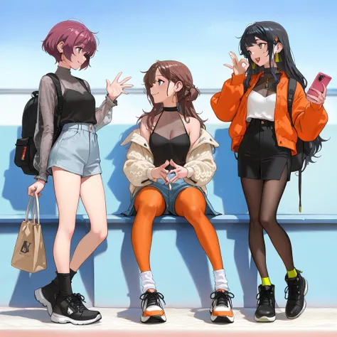 (((Best Quality))), 3 girls, anime characters, fashionable and trendy, outfit designs, diverse outfits, (character design), outfit design, fashion concept art, knit, shirt, shorts, skirt, blouse, halter neck, see-through cleavage, see-through sleeves, jack...