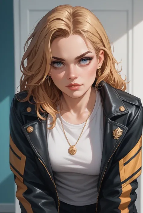 A young, charismatic female character with short, messy gold hair and bright, expressive eyes. She has a somewhat mischievous and confident expression, showing her playful yet serious nature. She wears a stylish, modern outfit, possibly a trendy jacket or ...