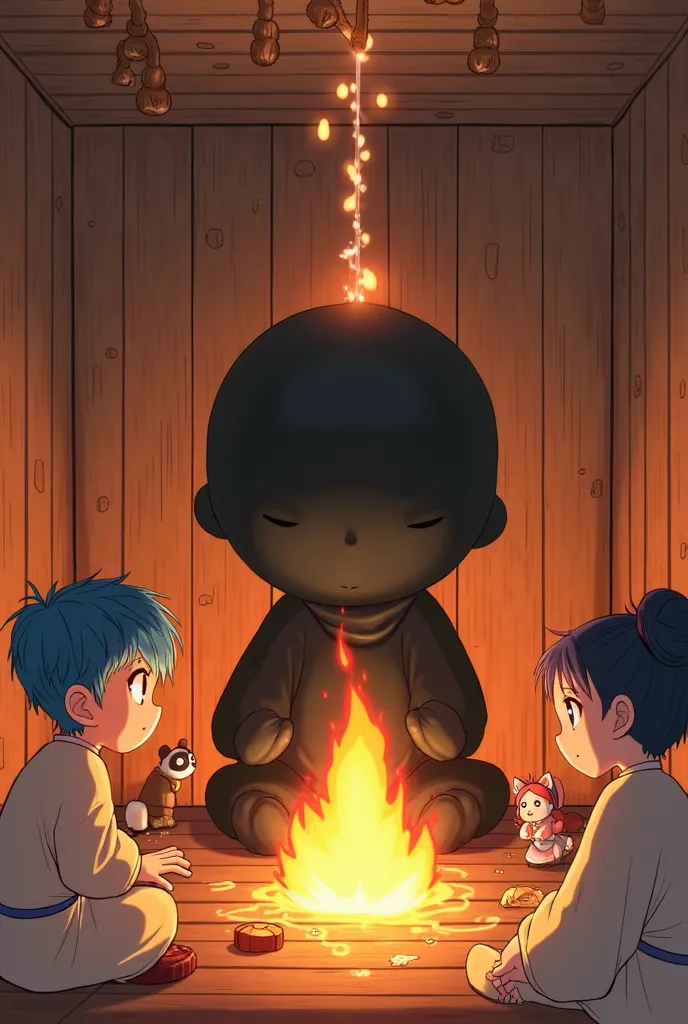 Inside sauna, black round silhouette doll covered with flame as heat source in center of sauna, water poured over doll and waxing, blue-haired boy enduring heat, panda boy, fox-eared maiden, girl with hair in a bun, illustration, animation,ちびキャラ