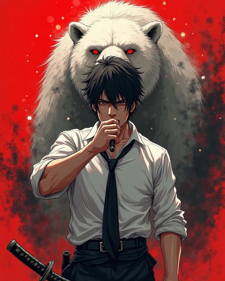 
"A dark-haired male warrior with a katana, dressed in a white shirt with rolled-up sleeves and a loosened black tie, standing against a red background. He has a serious, brooding expression while biting a cigarette or stick. Behind him, a massive, menacin...