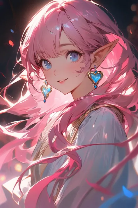 anatomically correct, masterpiece, Best Quality, Hi-Res, twin tails, very long hair, pink hair, Vertical Roll, pointed ears, heart-shaped earrings, smiles, Blue Eyes, ribbons, Blurred, 