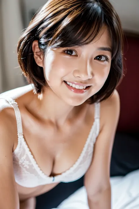 A cute 35-year-old Japanese woman、is standing on all fours in the bedroom。With short black hair、In white underwear、looking at the camera with a smile even though she is slightly embarrassed。