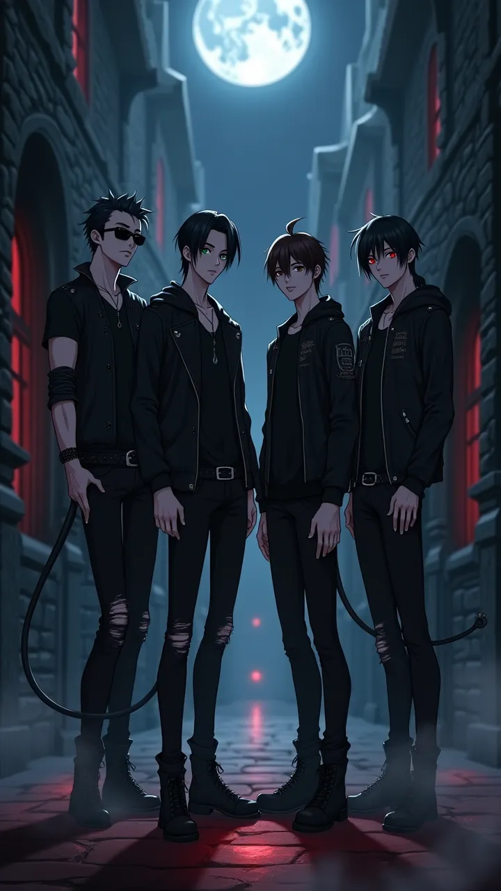 Saimon: Tall demon, 180 cm, lean but fit, pale skin with grayish tint, dark hair to neck falling over forehead, nearly black eyes with shadowy shimmer. Wears black sunglasses, leather jacket with metal studs, dark t-shirt, ripped black jeans, heavy boots, ...