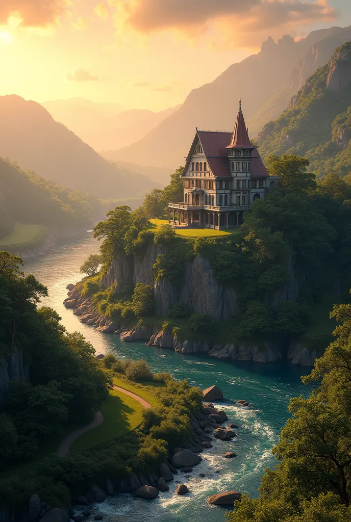 Create for me an image of a house appearing at sunrise with an incredible and lush landscape with light mountains an impressive and imposing river realistic in 8k