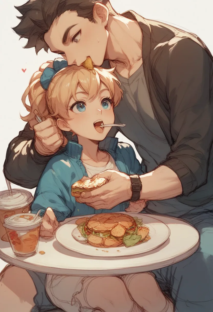 anime, female, girl, sketch style, sketch, cartoony, male, boy, young man, man eats food, girl trying to steal food, anime, cute, playfighting