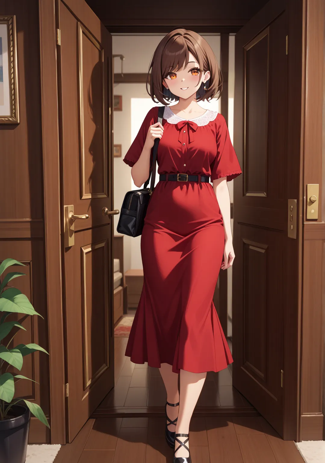 nsfw,night,one girl,,short hair,straight hair ,brown hair,brown eyes,swept bangs,Burgundy Dress,bag,lounge,walking,,Fat men,open the door