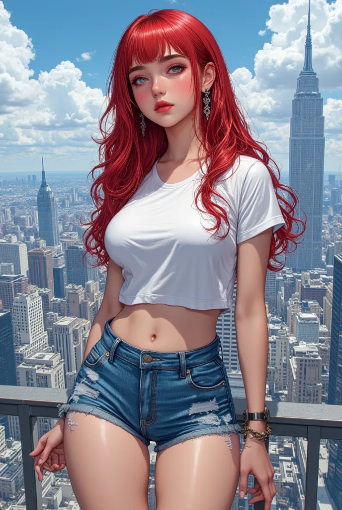 Anime girl with pale porcelain skin , long wavy jet-colored hair and intense slanted cold ice-blue eyes with a slim body, big thighs and breasts who are wearing casual clothing ,a young woman is standing confidently against a backdrop of a city skyline. Sh...