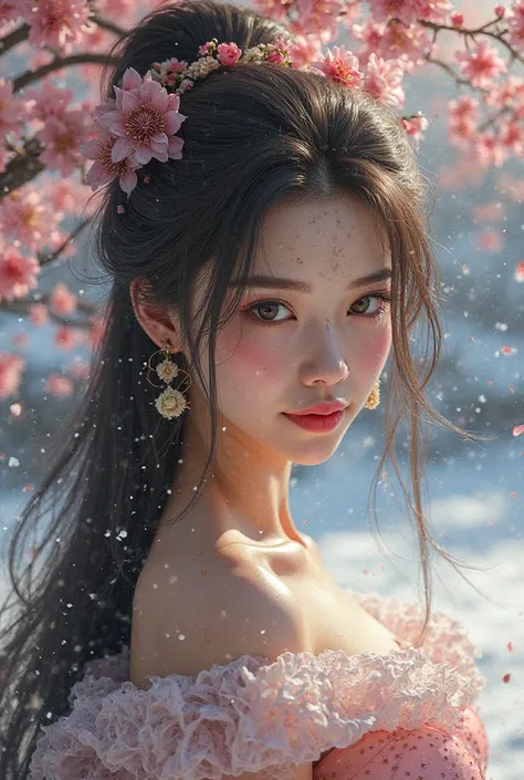 A sexy asian  girl, with a  leather eyepatch，with round earrings，smile，long hair, with pink lips,  flower, sky, snow， ancient