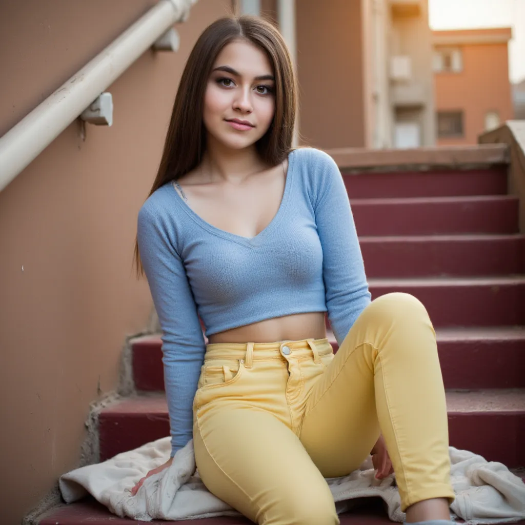 woman sitting on stairs. Has a blue sweater on. Yellow jeans and sneakers In the background you can see the apartment blocks,  style photorealistic ,  sharp focus, very detailed, sunlight, Detail,  full body