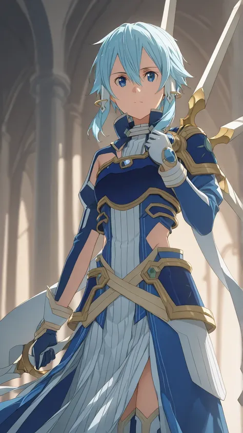 Sinon_(Alicization), S1n0nS0lus、S1n0nS0lus, 1girl, hair between eyes, blue hair, sidelocks, blue eyes, Gloves with white backs and blue palms, short hair with long locks, armor, short hair, Long skirt with slit and front, Thigh-high boots, Big white bow, C...