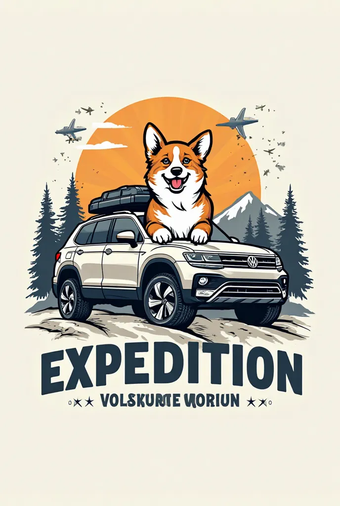 Create a logo for a 2006 VW Touareg expedition with a corgi