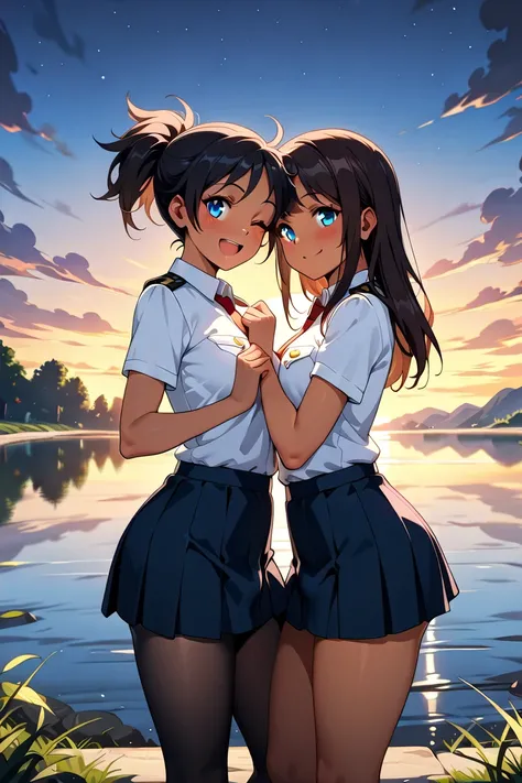 ((((Hi-Res, masterpiece, anatomically correct, Top Quality,)))),lesbian,futanari,2 girls completely naked,Tanned gal,long hair, Gold,chest, Riverbank,sunset,evening,uniform,skirt,black tights,Blue Eyes, eye, have twinkling eyes,  eyes are stars, wink,big s...