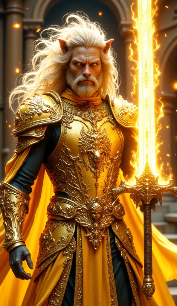 Masterpiece, very realistic, 8k Ultra HD, Cloaked in golden armor with a roaring lion emblem, fairy warrior wields a blazing greatsword. His/her mane-like hair flows wildly, and their regal stance commands both respect and fear in battle.