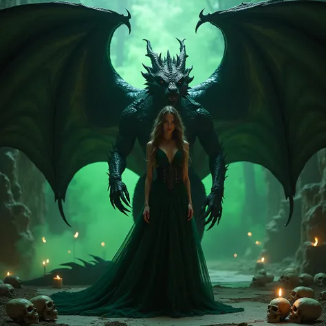 epic movie cover,  sexy girl, brunette with very long hair, Perfect body, is merged with a black dragon. Very detailed Dragon, She has an epic dress, with a very sensual pose. Is there a green fire, The image is mysterious, ultra detailed, high lighting, M...