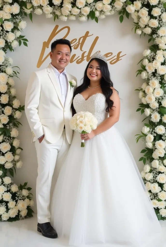 a bueatiful filipino sweet couple couple a male wearing a white wedding outfit and white elegant coat and black shoe and the female slightly chubby wearing a elegant ballon wedding dress and white heels while standing in the venue the backdrop txt is " BES...