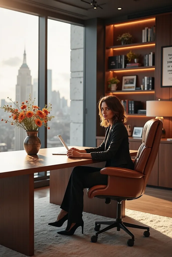 "A medium shot of a confident woman, the CEO of a successful company, sits elegantly in a sleek, modern office. She is seated in a luxurious leather chair behind a grand wooden desk, exuding authority and grace. The office is bathed in warm natural light f...