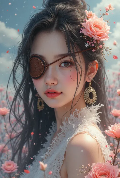 A sexy asian  girl, with a  leather eyepatch，with round earrings，smile，long hair, with pink lips,  flower, sky, snow， ancient