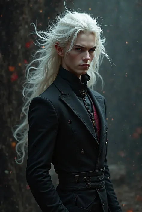 Man with hair looking like a horse crila his skin is white as snow, Your eyes are sparkling, He wears all black and red undertones he is extremely beautiful and very realistic