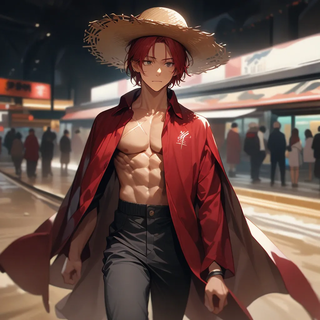 shanks、Burning Dune Desert 、とても急な砂の坂を物凄いスピードで滑り落ちている shanks 、red hair, 「The JTX 」Straw hat written on it, Shanks sliding down a very steep sand hill at a tremendous speed while holding down a straw hat that seems to fly in the wind with his hands、Shunkus, ...