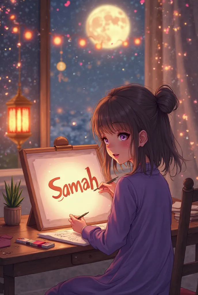 8k, "The Ramadan scene : , a smiling anime girl, a spacious drawing room, luxurious drawing tools, more realistic details, and the [Samah] is written with the moon of Ramadan in a beautiful and bright script consistent with the moon, a blank white drawing ...