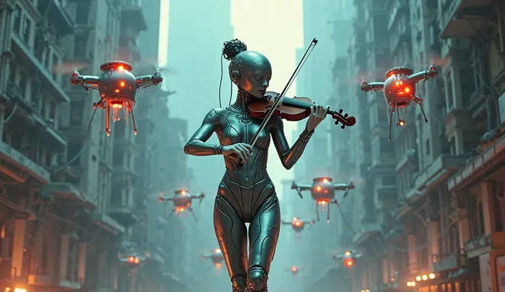 A futuristic violinist with perfect curves, in a tight metallic suit fused with her skin, playing a biomechanical violin in the middle of a ruined cyberpunk city. Around you, demonic holograms float, while electrical cables sizzle in the air and drones wit...