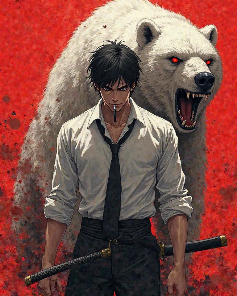 
"A dark-haired male warrior with a katana, dressed in a white shirt with rolled-up sleeves and a loosened black tie, standing against a red background. He has a serious, brooding expression while biting a cigarette or stick. Behind him, a massive, menacin...