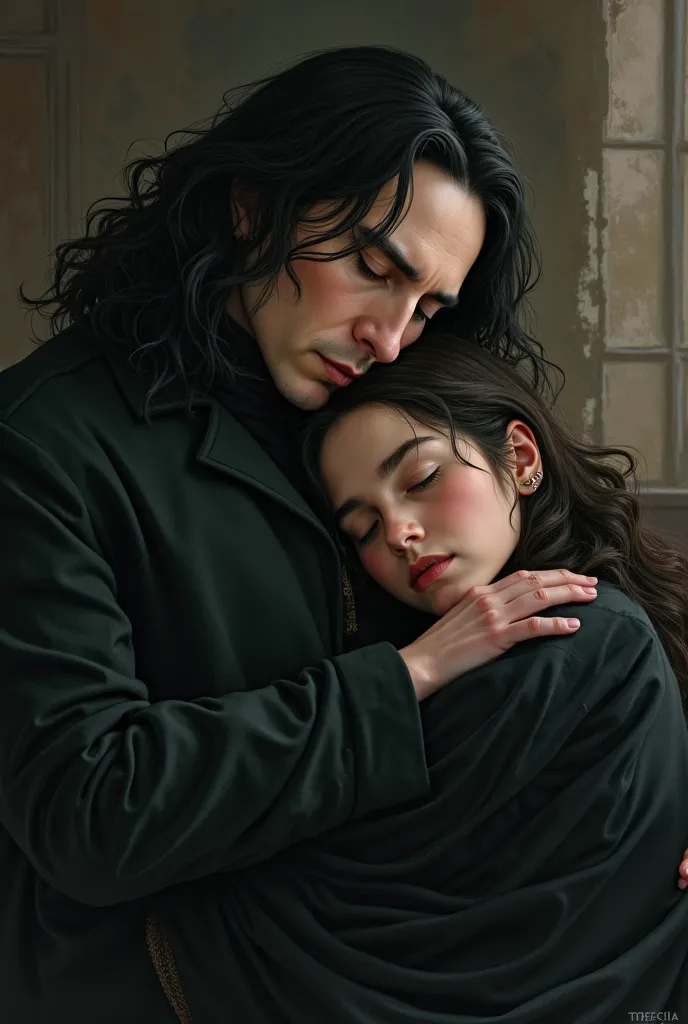 Severus Snape's age daughter sleeping on her father's shoulder. 