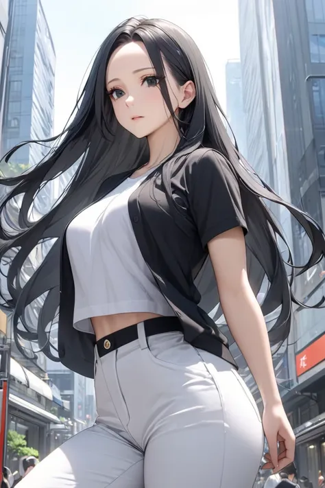 best quality, soft , super detail,  beautiful , 8k, 1 girl , long hair, black hair, outdoor, bright,  clear sky,  mature women, long hair, forehead, Black Eyes,  black clothes , white pants, in Tokyo city building