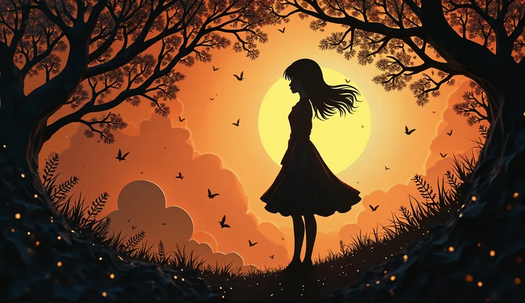 (Silhouette Art,Anime Beautiful Girl) (((paper craft,A world where only black exists:1.3)background、Fantastic gentle warm orange light
