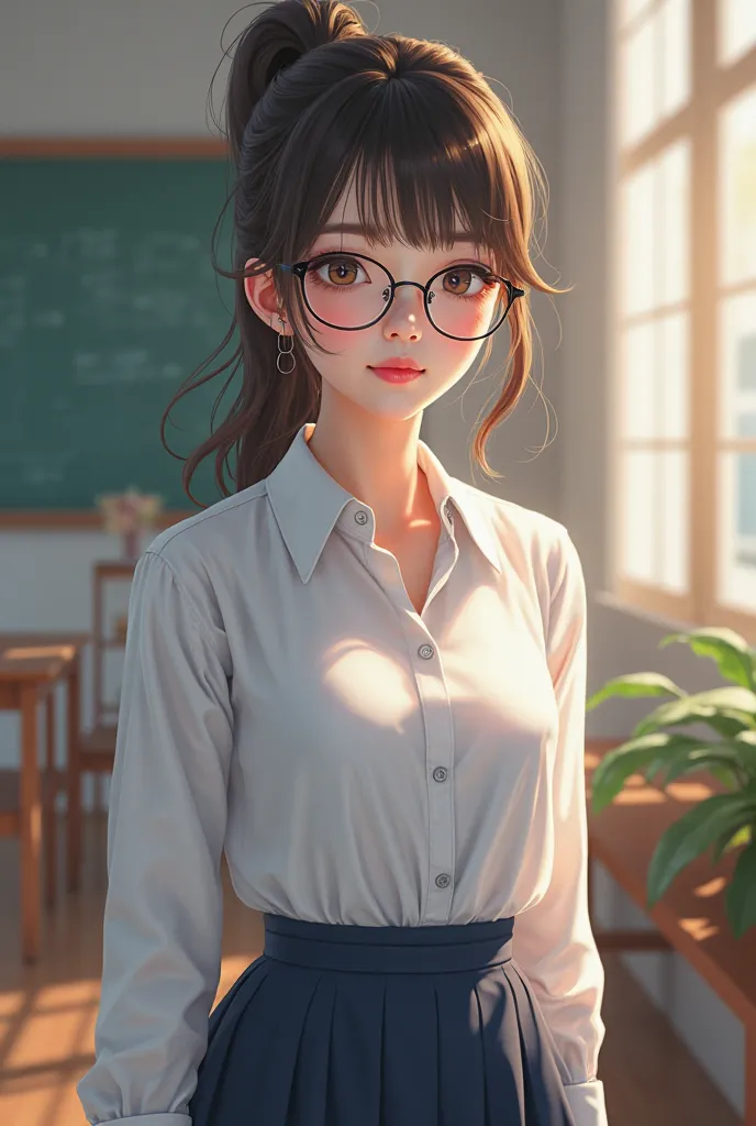 Asian girl with glasses and hair tied in a ponytail  in school uniform looking sexy