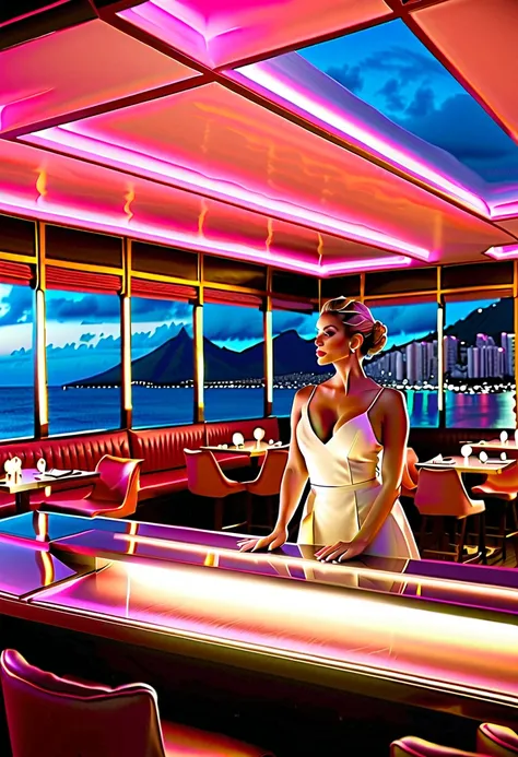 Elegant large restaurant with mezzanine in pastels colors ambience inspired by Denis Fremont, with a elegant woman in first plan, Denis Fremont masterpiece, in style of retro futurism, at night  (overlooking the magnificent bay of Hawaii with hight mezzani...