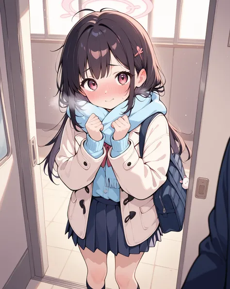 A cute high school girl getting her skirt flipped over by someone、anime style、embarrassing、 standing、Blushing with a troubled face , Winter clothes、knee-high