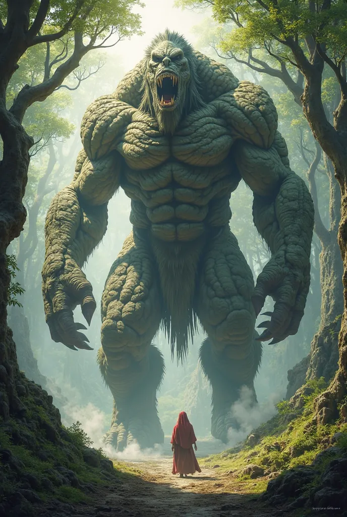 Create an image of a large monster, It's strong . in a forest. In the medieval fantasy theme .