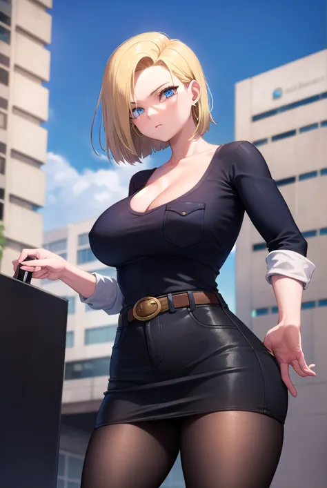 android18, android 18, blonde hair, blue eyes, eyelashes, hoop earrings, short hair, earrings,
BREAK belt, brown pantyhose, black shirt, breast pocket, cleavage, collarbone, denim, denim skirt, high-waist skirt, jewelry, long sleeves, pocket, shirt, crop s...