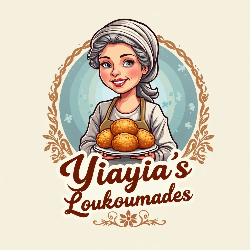 create a grandmom cartoon Logo with name Yiayia's Loukoumades. Color Blue and wooden tones.