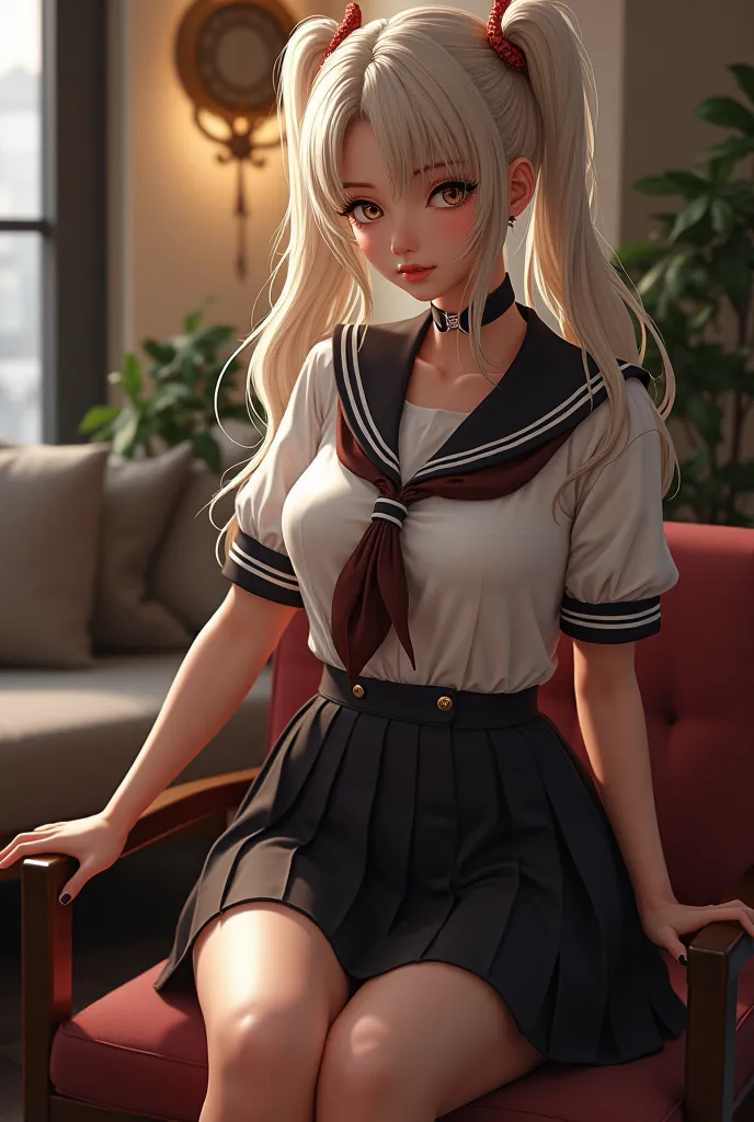 long haired long hair platinum blonde with two tails on a chair in an apartment dressed as a sexy schoolgirl
