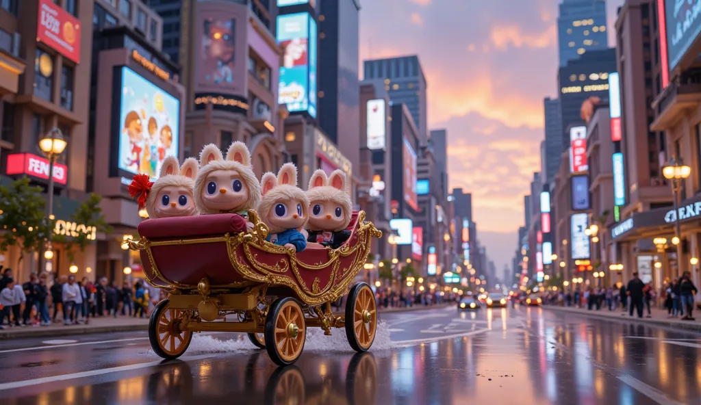 "A group of Labubu dolls riding a traditional horse-drawn carriage (delman) through a bustling modern city. The city is lively, with tall skyscrapers, bright billboards, and busy streets filled with cars and pedestrians. The contrast between the traditiona...