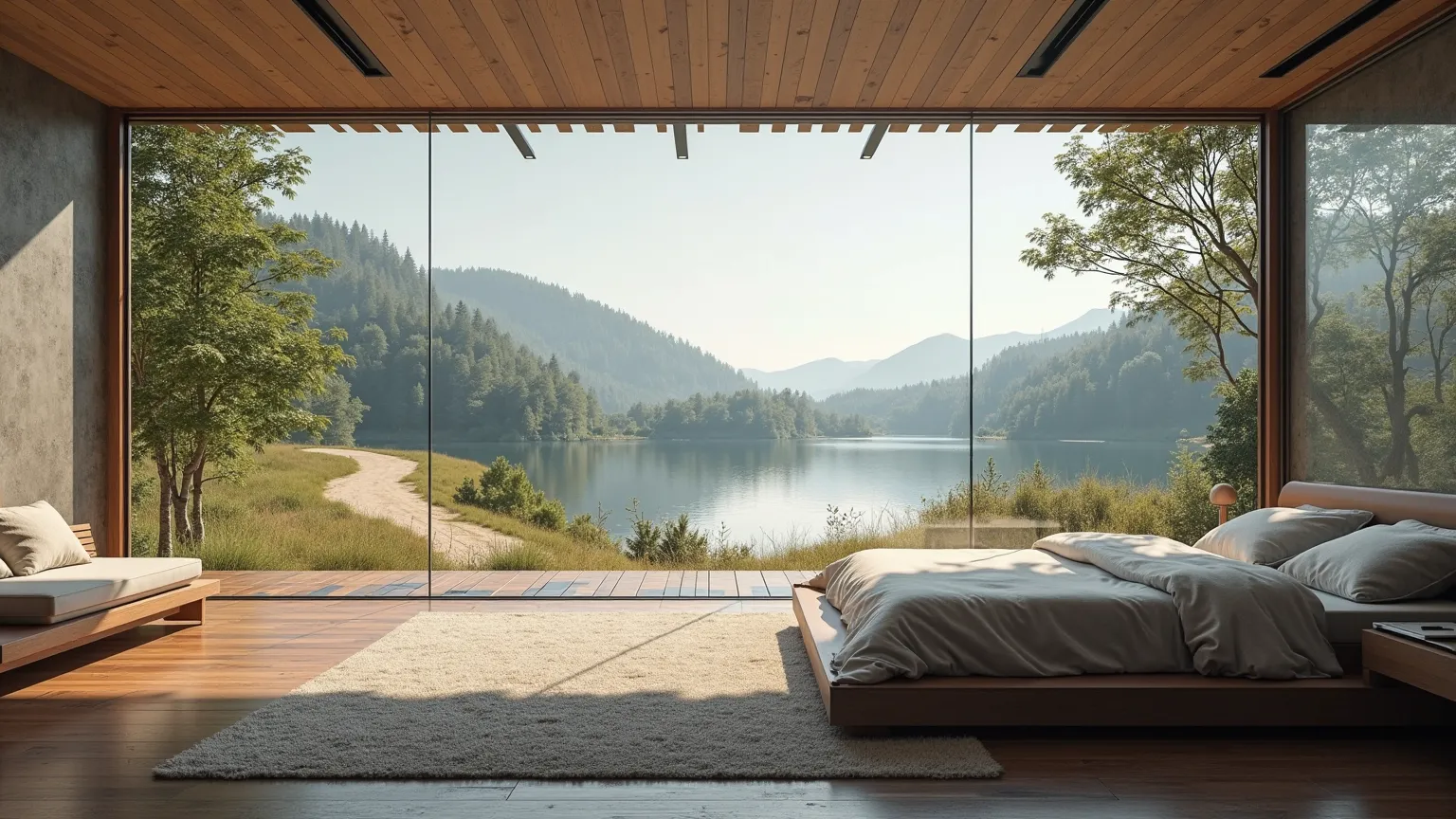 Color photo, photorealistic, Ein See , A modern building with a wide glass façade, Interior view,bedroom,Multiple beds,Very large room, Outside sandy path through a meadow landscape,  in the background forest 