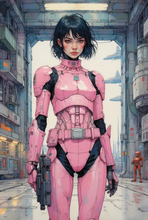 High-resolution anime-style illustration with bold painterly textures and subtle watercolor influences, blending soft washes with crisp sci-fi details. A cute young woman stands confidently in a sleek, form-fitting pink Stormtrooper outfit in the massive h...