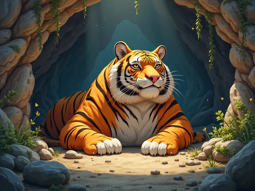 A giant tiger lies wounded in a cave
 (3d cartoon pictures)