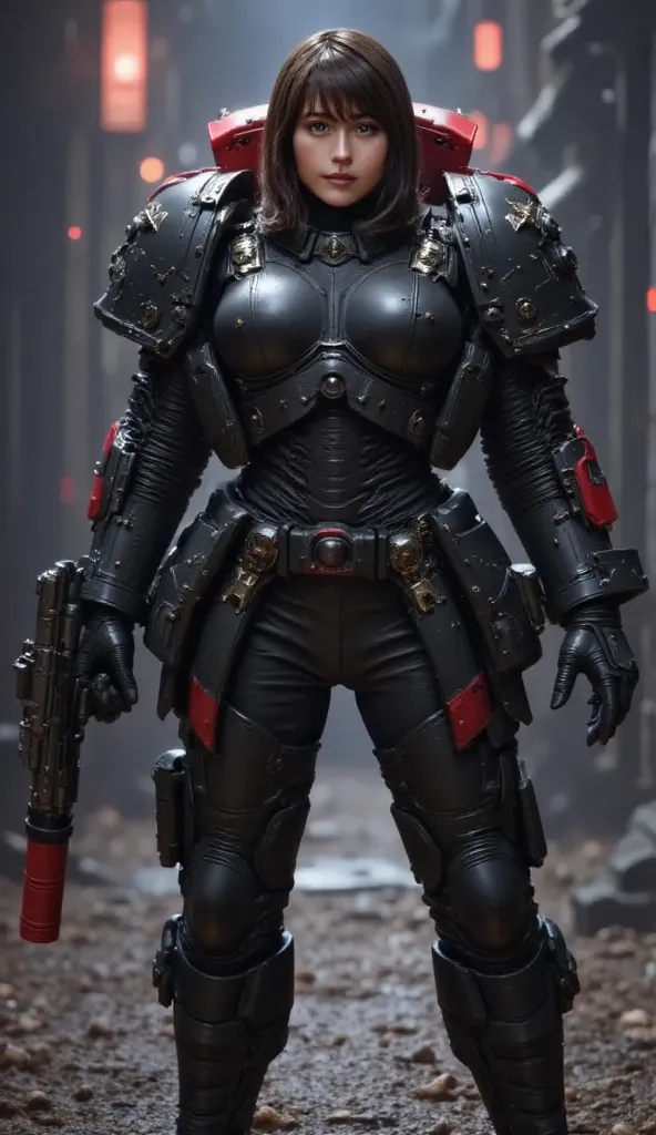 (high quality , 4K, 8k,  kampala  , masterpiece: 1.2), (  realistic, realistic:1.37),   (((   Female soldier in futuristic costume    ))),  (((beautiful dark-haired Female soldier in futuristic costume  )))  、((   with a plasma gun in hand  )),   full body...