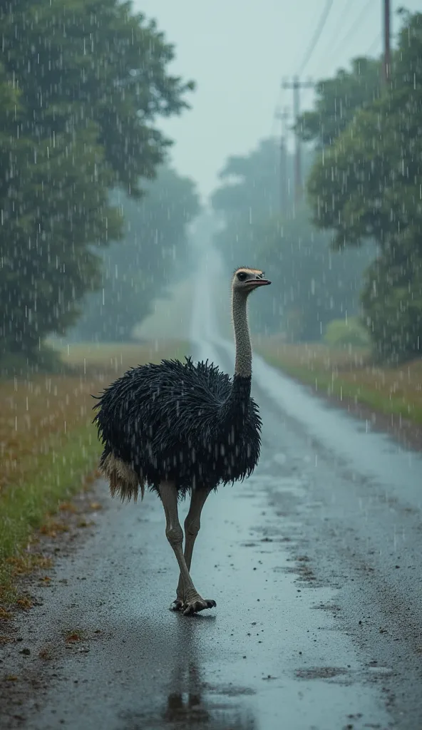 
"There's a black ostrich running along the road, captured in a photo taken from a distance, with heavy rain pouring down from above