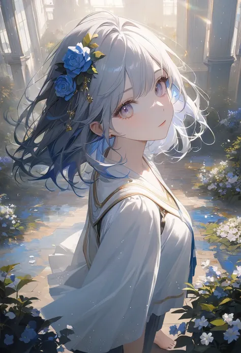 alone,female(cute,cute, Hair Color White ,Hand in Hairdressing ,messy hair, Eye Color Dark , White Skin ,,enjoy,full body,Flower hair ornament ,Starry hair color\),background\( Withered flowers everywhere on the ground,\), [break ,quality\(【8k,極度細緻的CG單位wal...